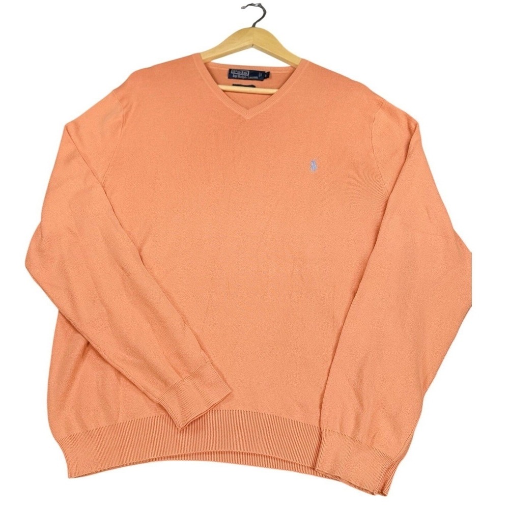 VTG 90s Poo Ralph Lauren Orange Pima Cotton V-Neck Sweater L Casual Knit